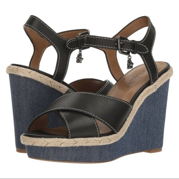 Coach Eaton Black Leather Denim Wedge Sandals Size 8.5 - Picture 1 of 13